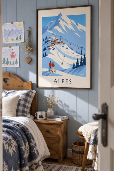 Plakat med skisportssted i de franske Alper og gondolbane: indrammet på væggen