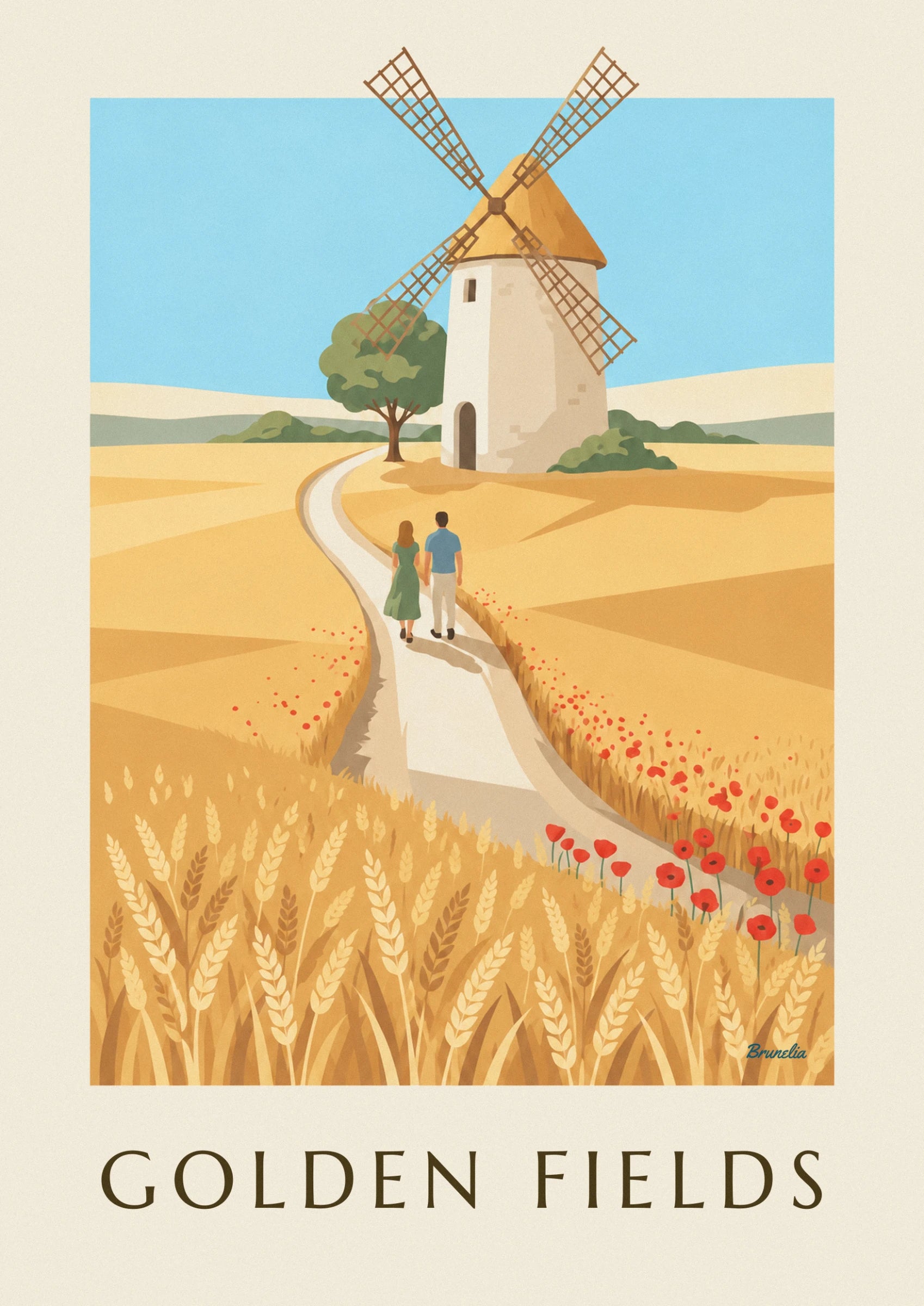 The white thatched windmill, its olive tree and 2 walkers on the path