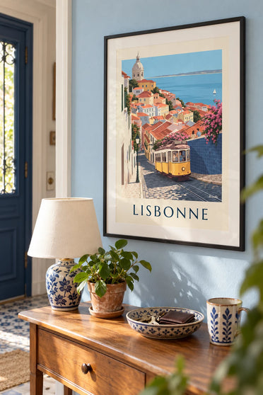 Poster of a yellow tram on a cobbled street in Lisbon facing the Tagus: framed on the wall
