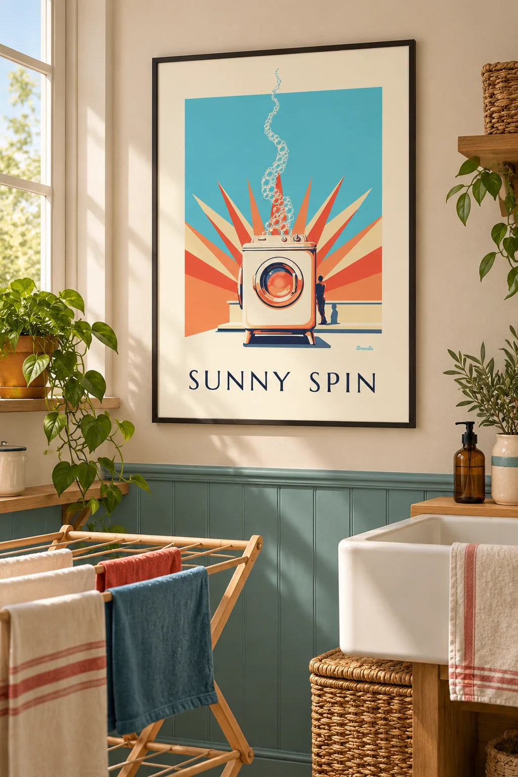 Buanderie : mise en situation de Affiche machine à laver à hublot et rayons de soleil pastel