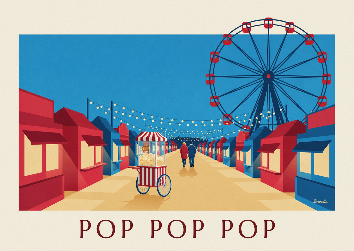 Red and white striped popcorn machine at the fairground poster