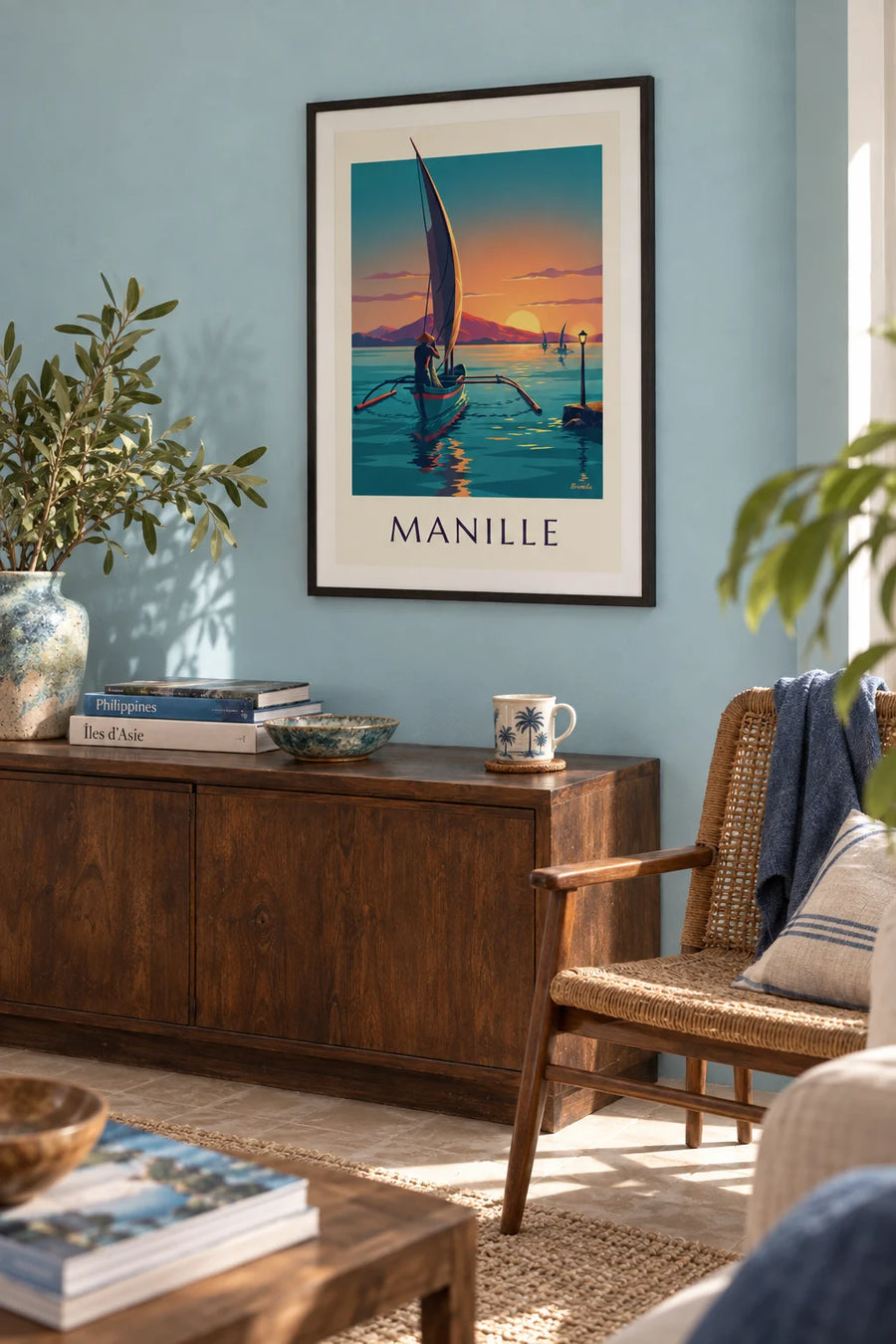 Plakat med bangka-båd i Manila Bugt ved solnedgang: indrammet på væggen