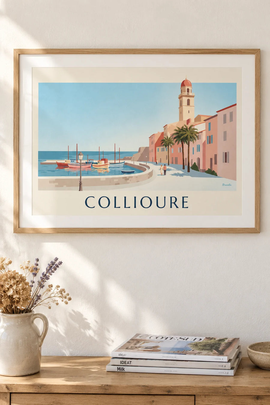 Poster of the port of Collioure, colorful boats and bell tower: framed on the wall