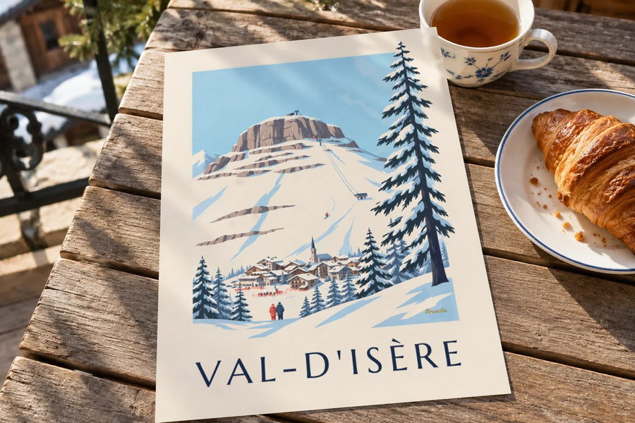 Plakat med Bellevarde-flanken og den olympiske nedfart i Val-d'Isère: stående på et bord