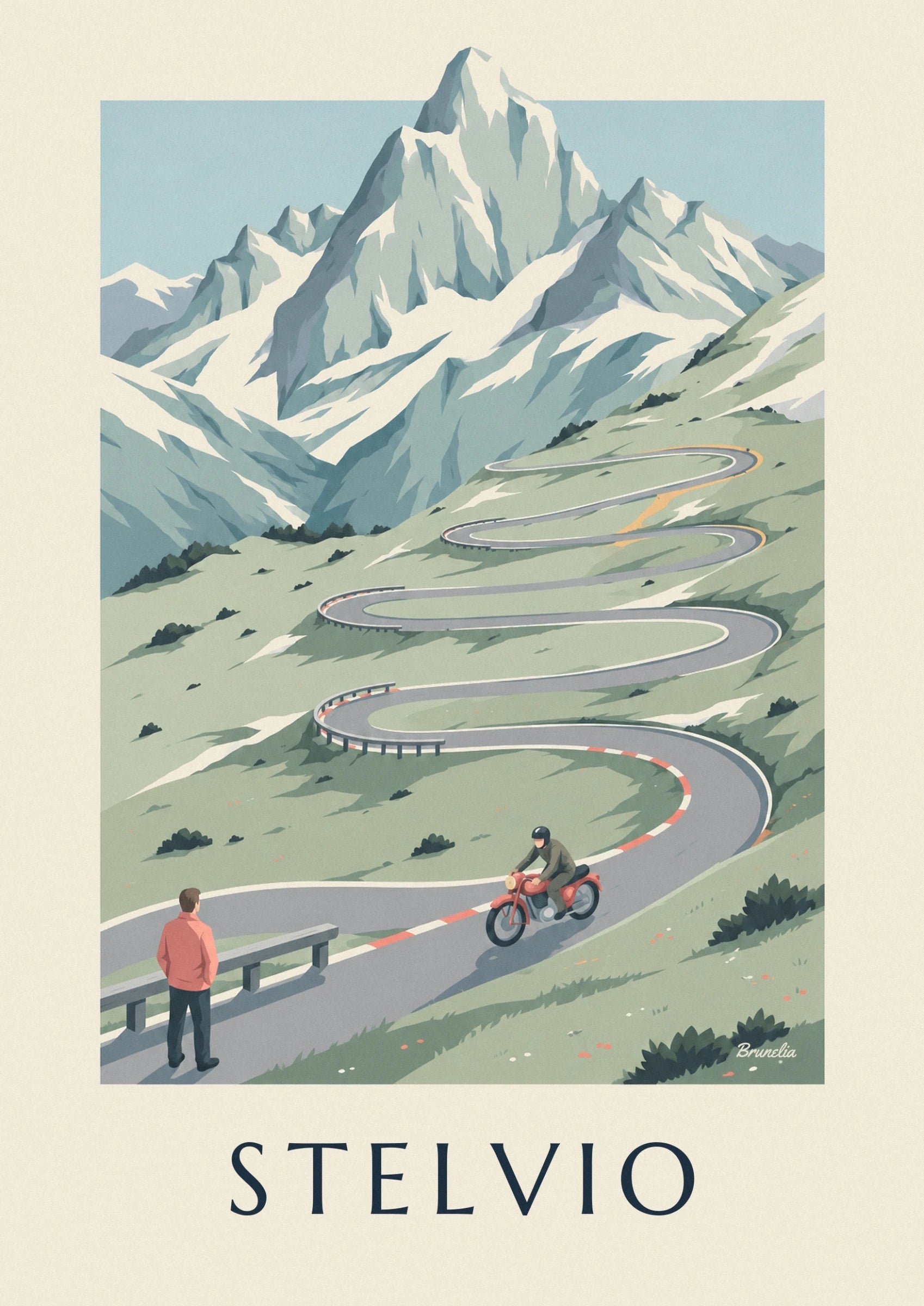 Le motard casqué en tenue verte sur sa moto rouge dans un virage du Stelvio