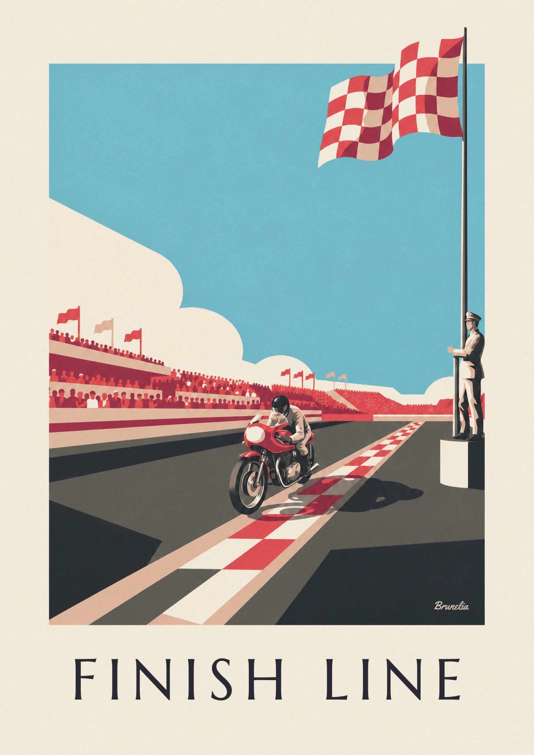 The rider in pale leathers on his red motorbike, beside the chequered track