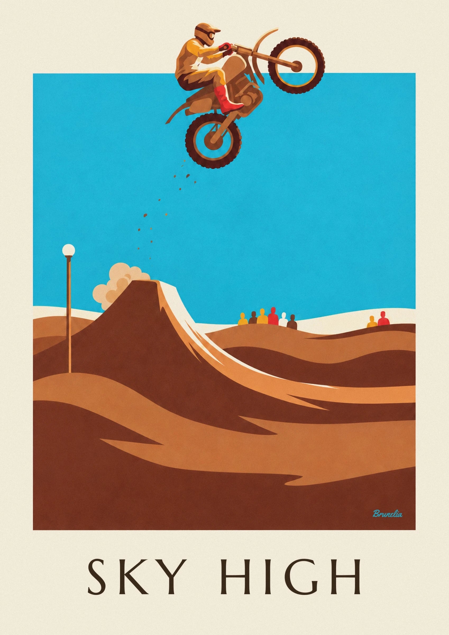The rider in ochre clothing and red boots, with his motorbike rearing up against the blue sky