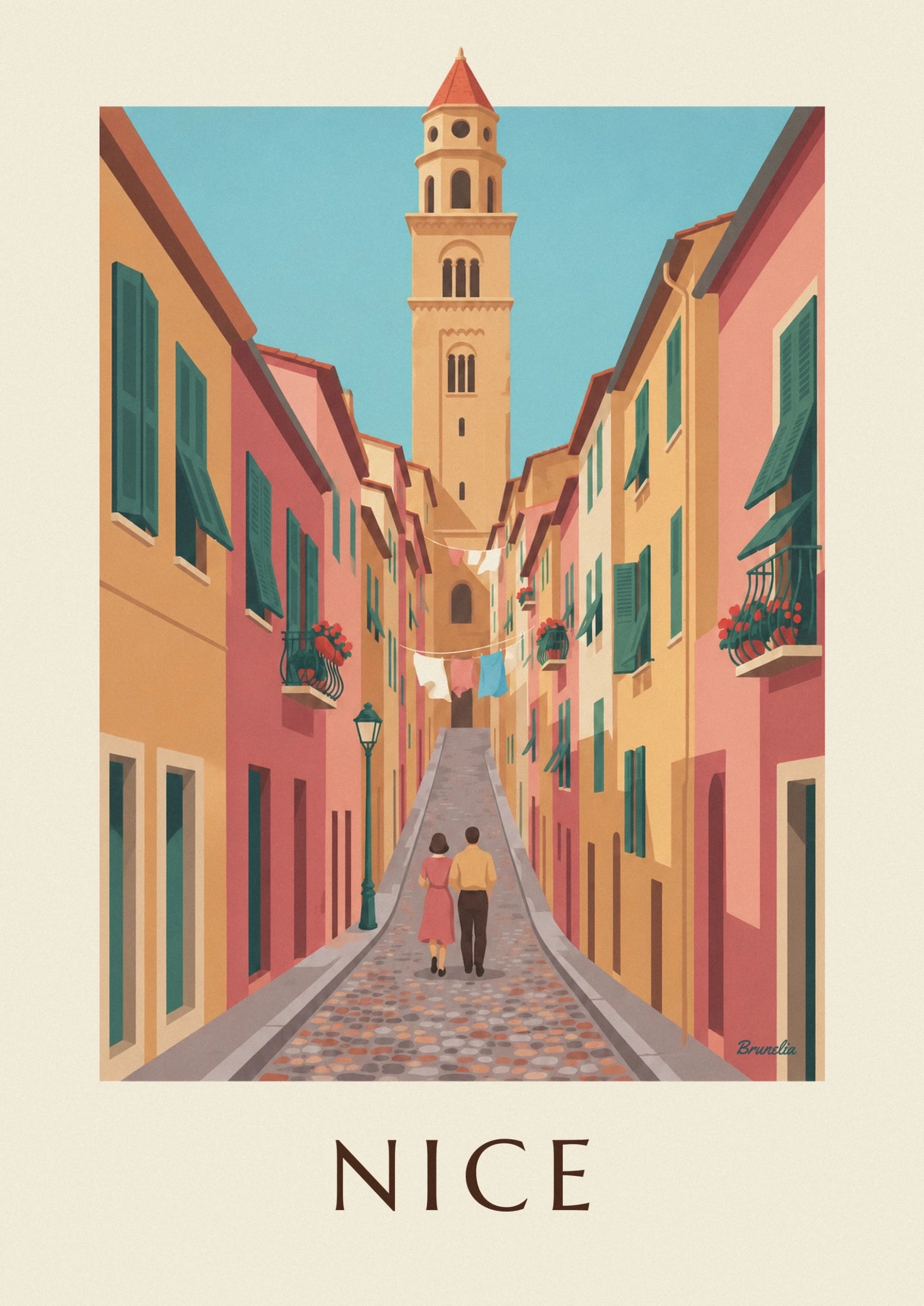 The ochre bell tower of Sainte-Réparate above the colourful façades of Vieux-Nice