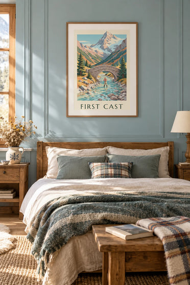 Poster of a fly fisherman in a mountain stream: framed on the wall