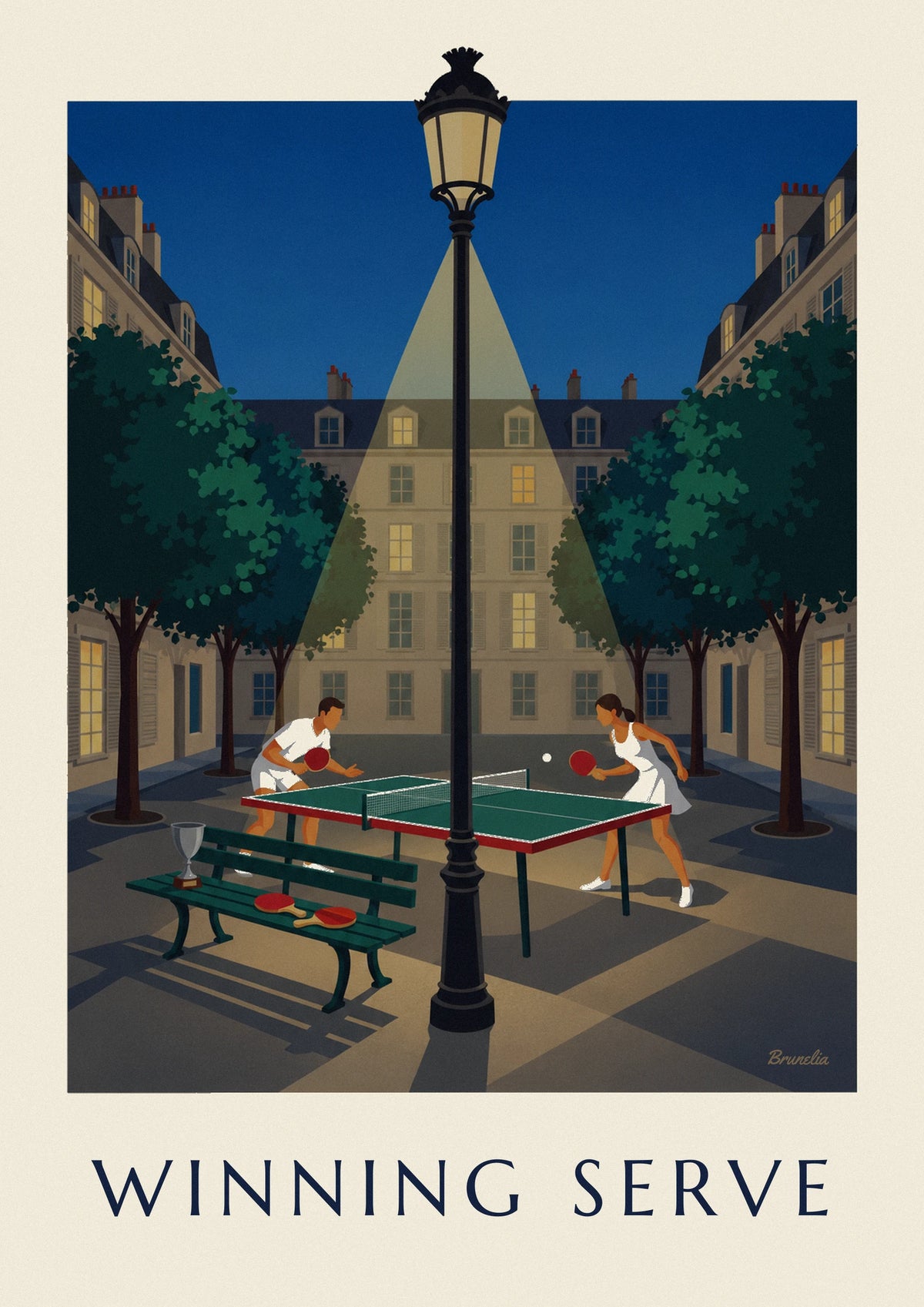 Night-time ping-pong match on a Paris square poster