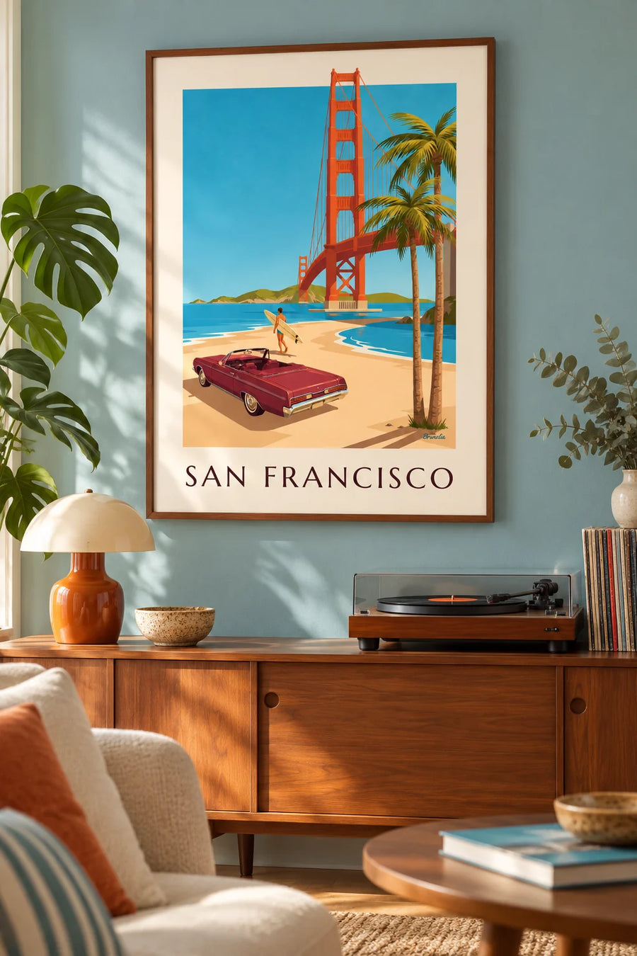 Plakat med cabriolet foran Golden Gate i San Francisco: indrammet på væggen