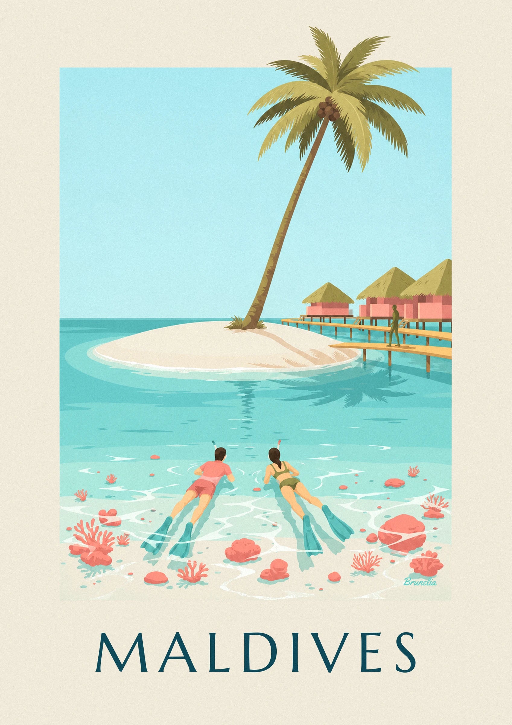 The 2 swimmers with fins and snorkels above the coral in the turquoise lagoon