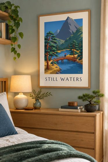 Plakat med rød japansk bro og stenlanterne ved en flod: indrammet på væggen