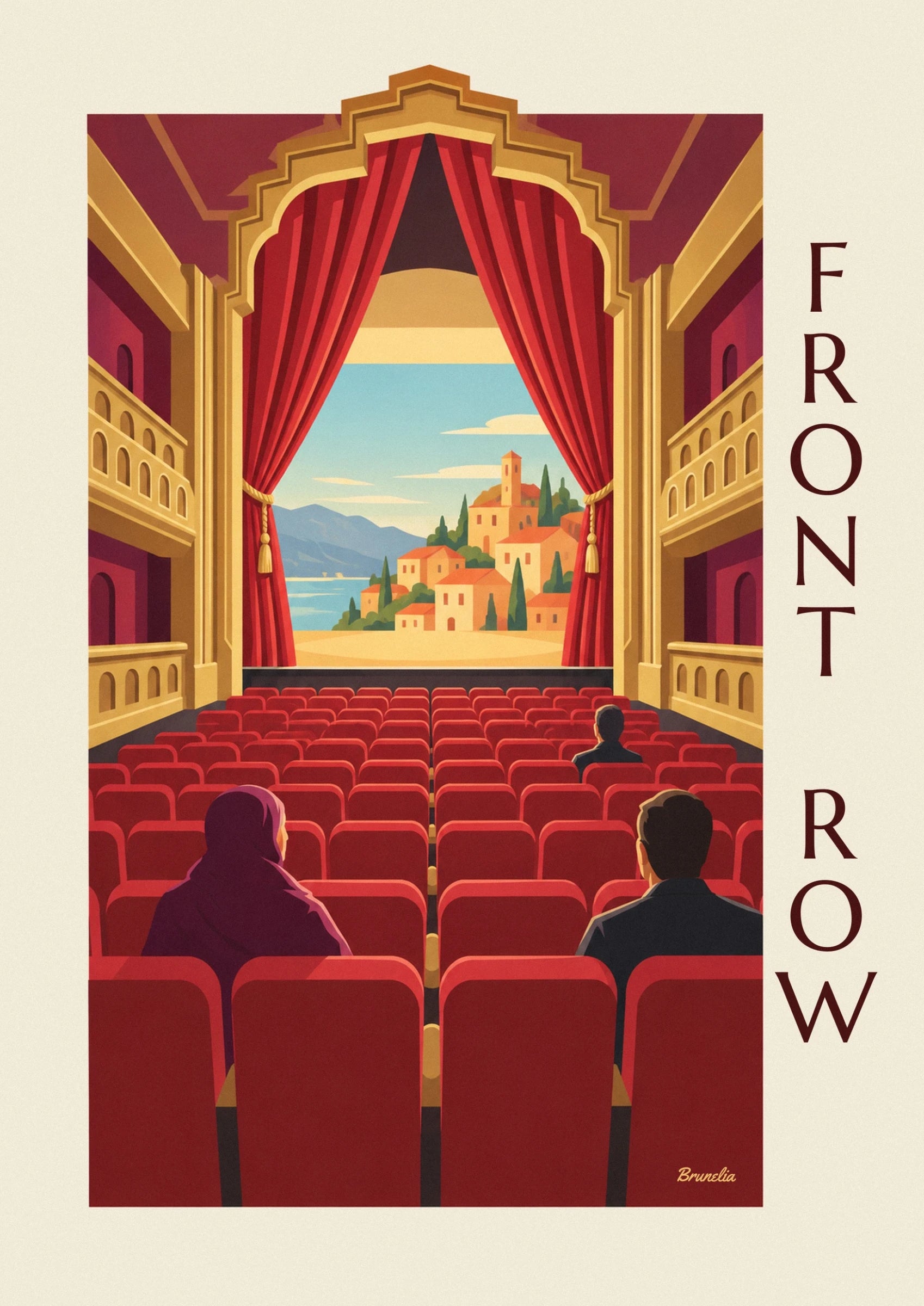Red and gold cinema curtains opening onto a village by the water