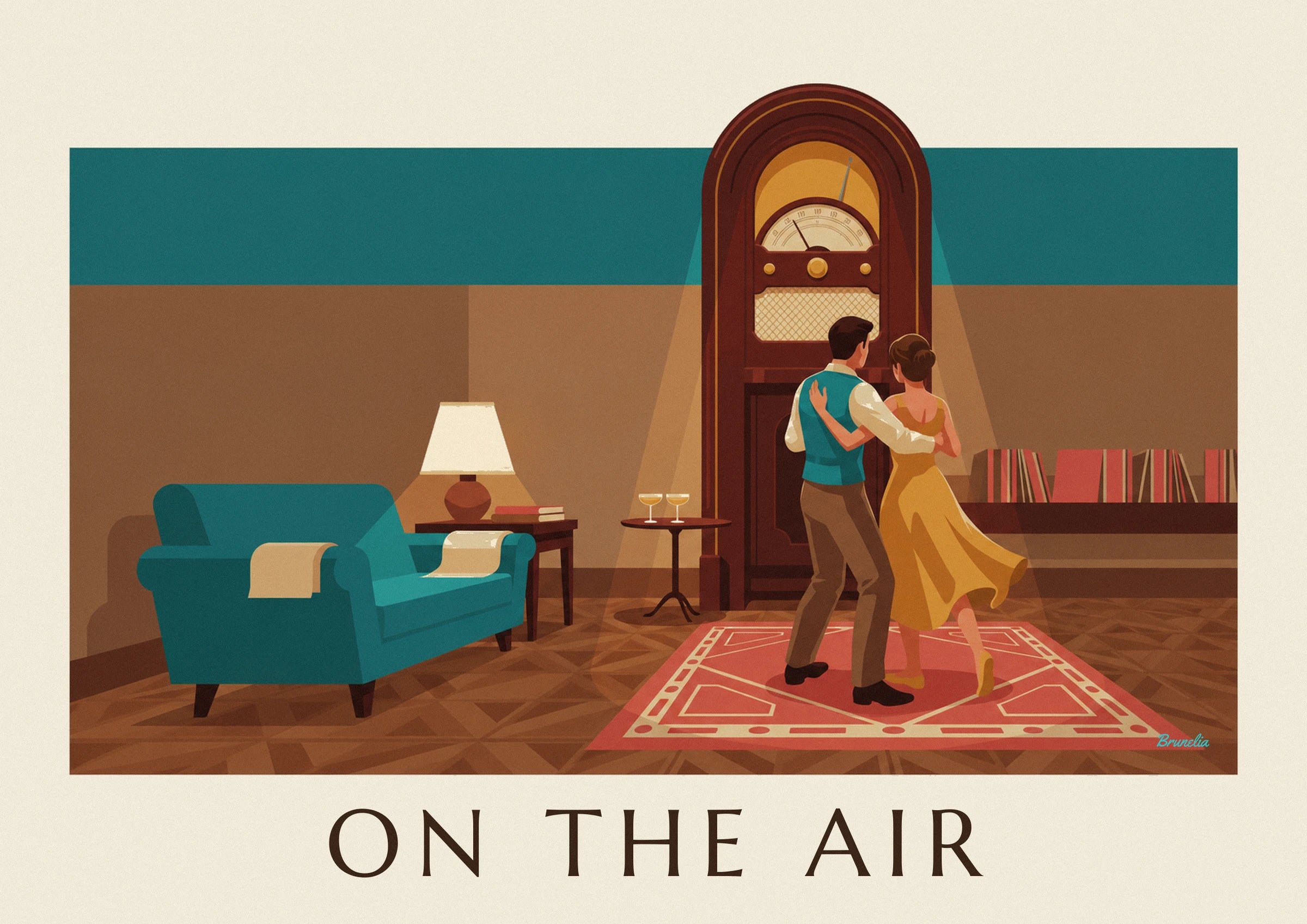 The couple dancing in the living room, in a turquoise waistcoat and yellow dress on a red rug