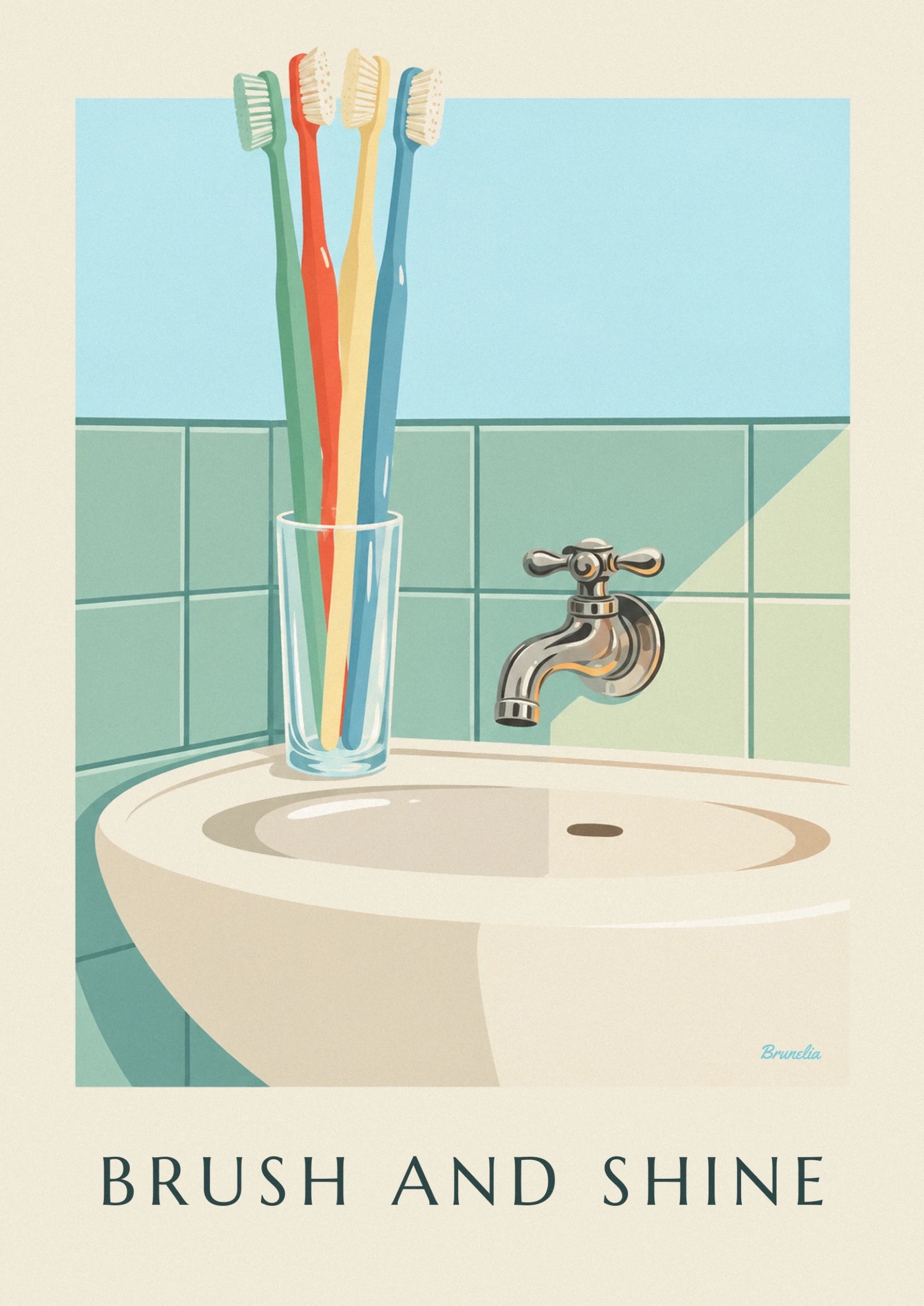 The 4 toothbrushes with green, red, yellow and blue handles in front of the tiles