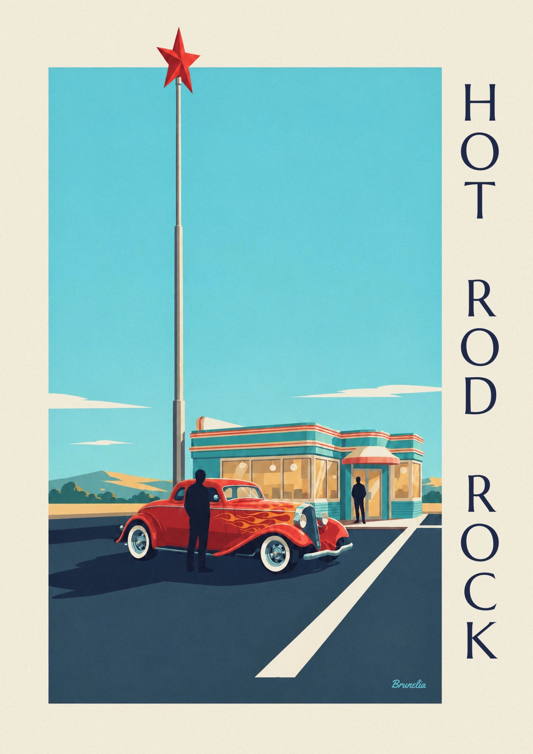 Affiche voiture hot rod devant un diner rock and roll : détail en gros plan