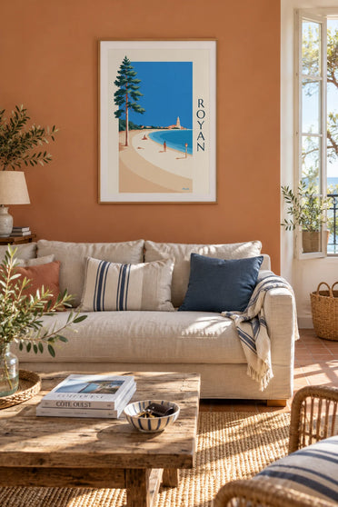 Affiche plage de Royan, baigneurs et clocher de Notre-Dame : encadrée au mur