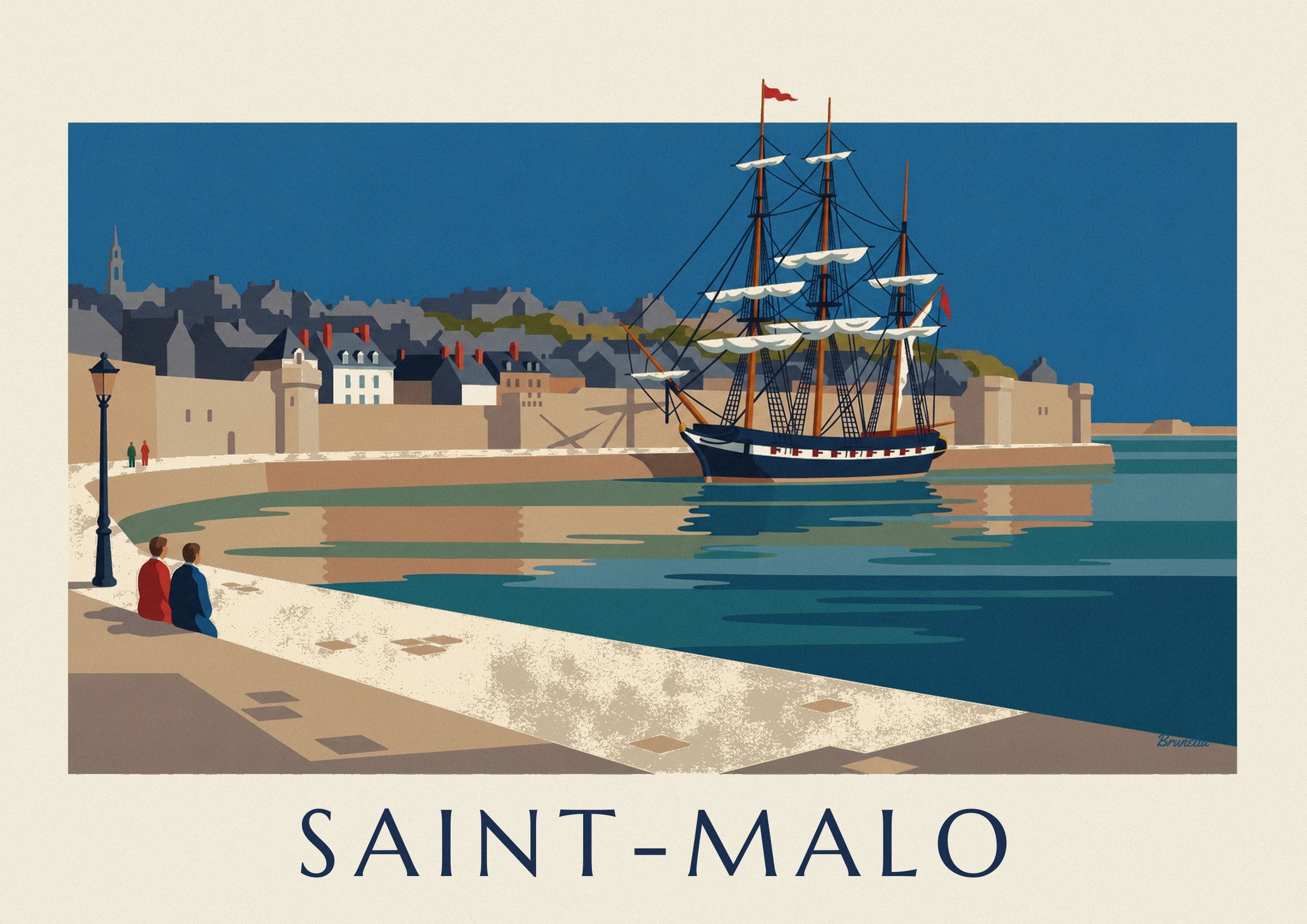 The three-masted ship with its midnight blue hull and white sails, moored at the quay