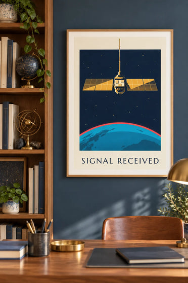 Plakat med satellit i rummet over Jorden: indrammet på væggen