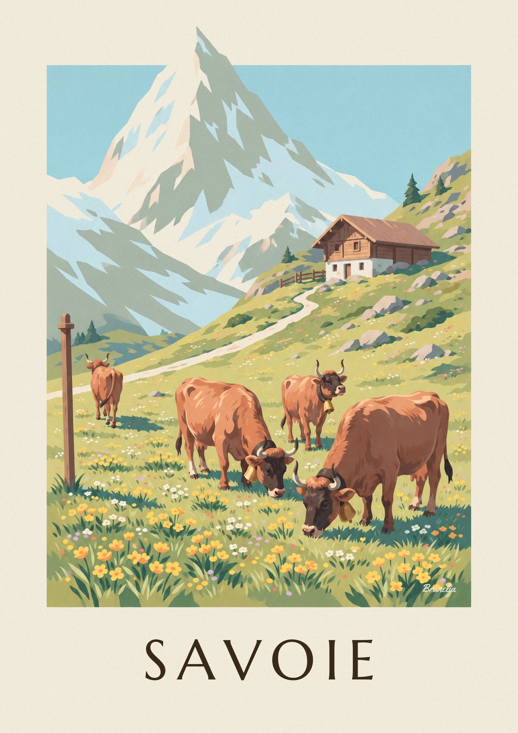 Plakat med tarine-køer på alpeengene i Savoyen: nærbillede af detalje