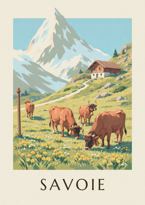 Plakat med Tarentaise-køer på alpeenge i Savoie: hele plakaten