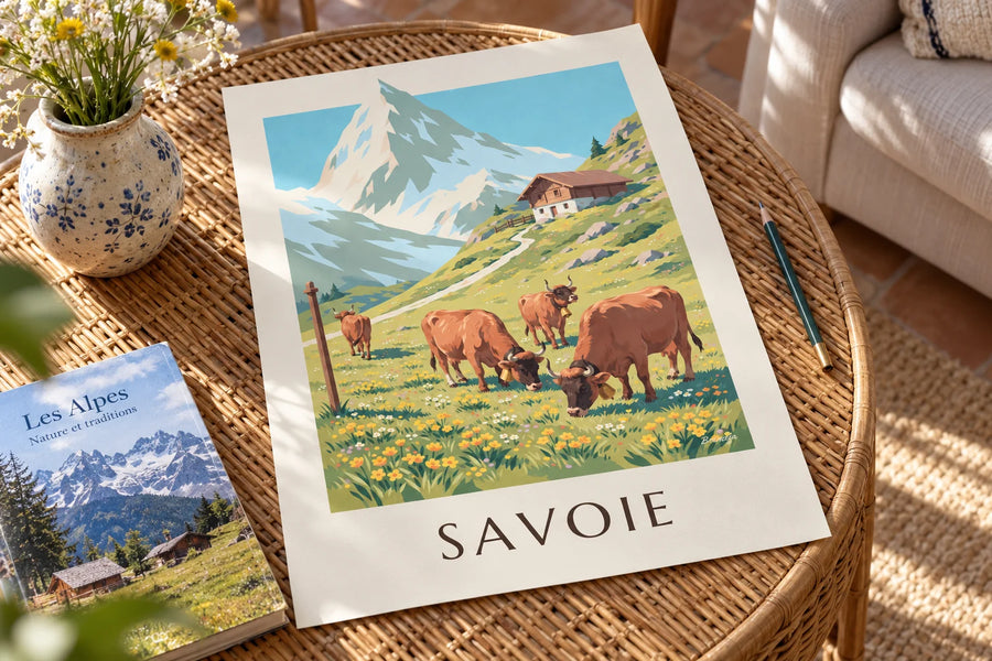 Plakat med tarentaise-køer på alpeengene i Savoie: stående på et bord