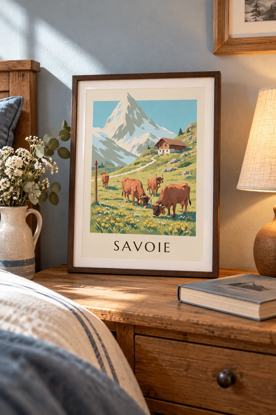 Plakat med Tarentaise-køer på alpeengene i Savoie: lille A4-format i ramme