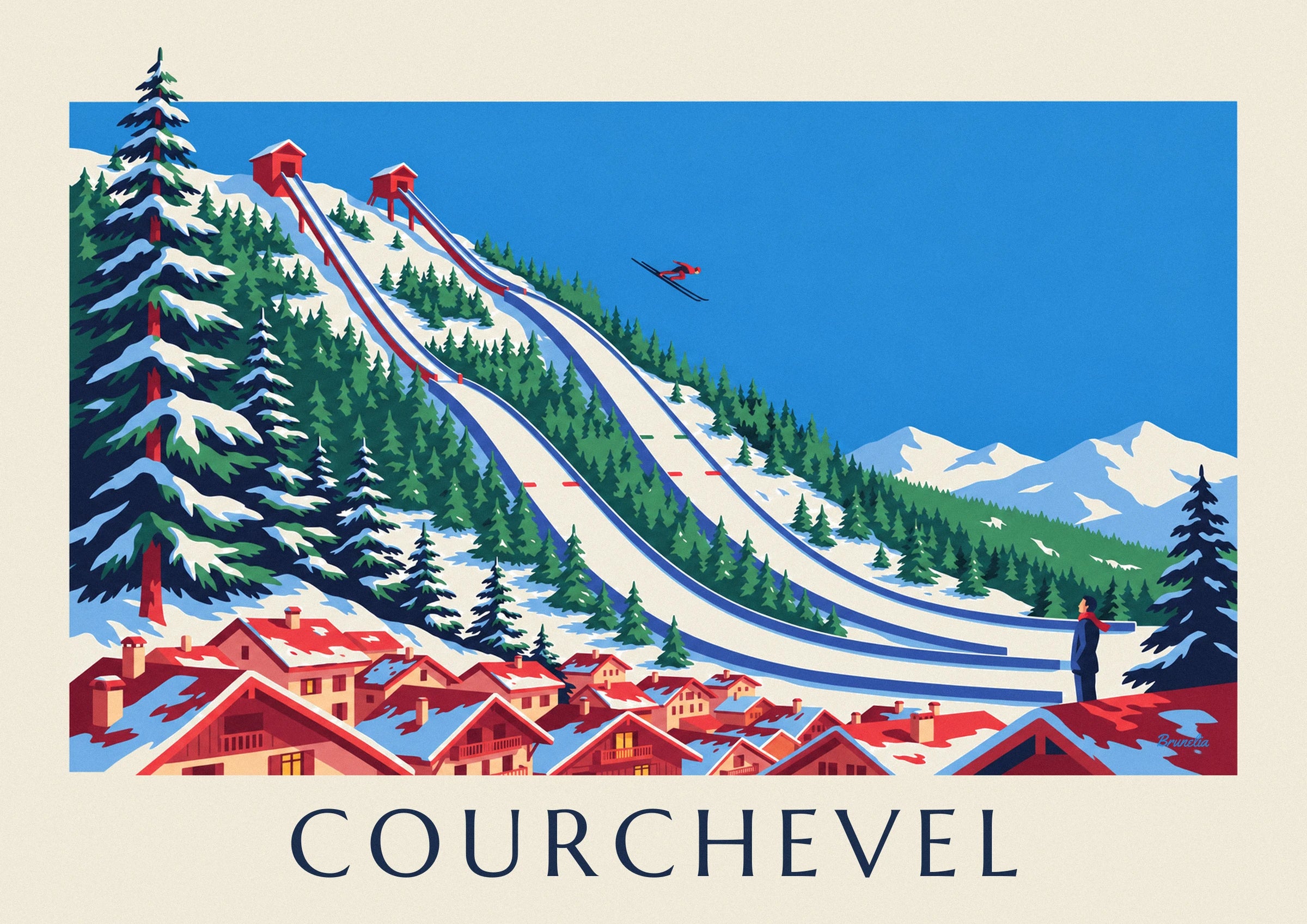 Plakat med skihoppebakkerne i Courchevel ved Le Praz: nærbillede af detalje