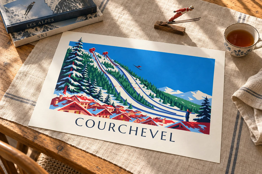 Plakat med skihopbakkerne i Courchevel ved Le Praz: stillet på et bord