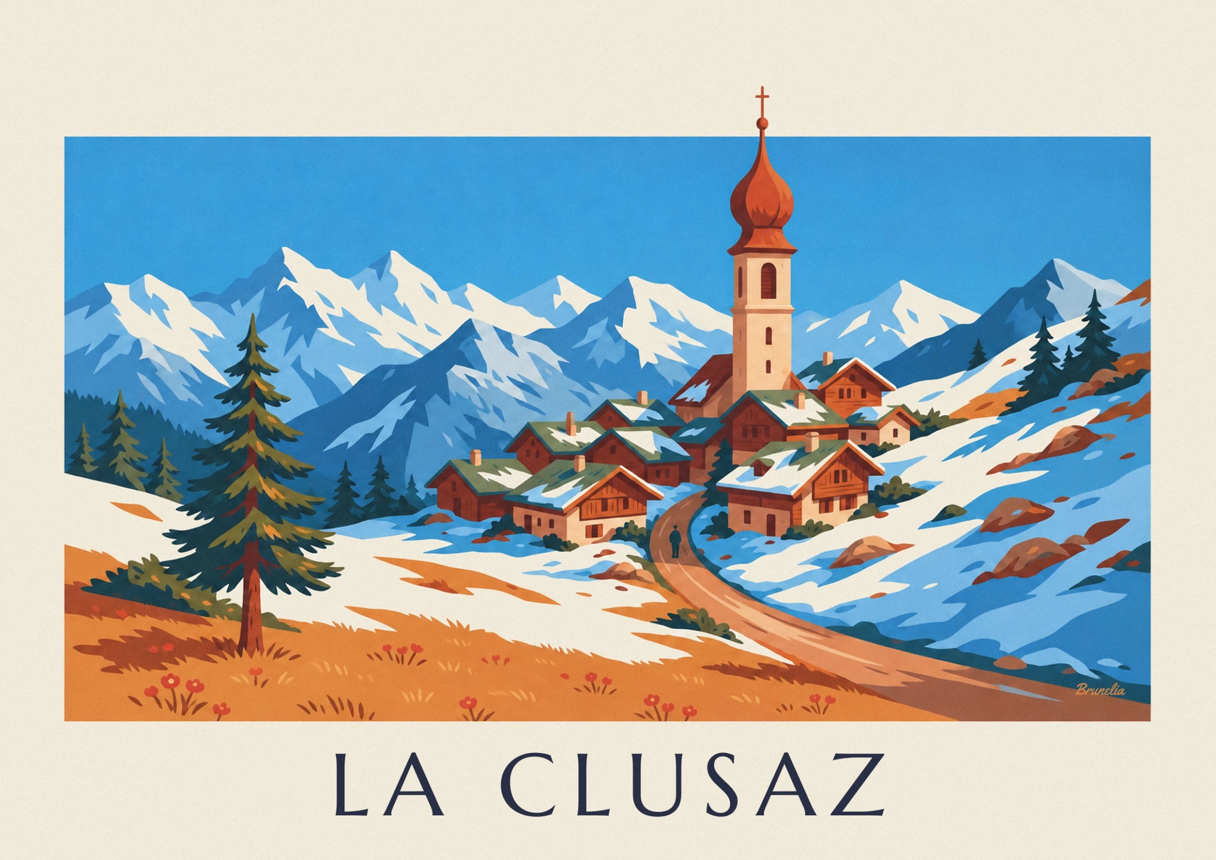 The russet onion-domed bell tower overlooking wooden chalets with snowy roofs