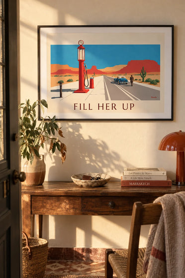 Red gas pump on an American desert road poster: framed on the wall