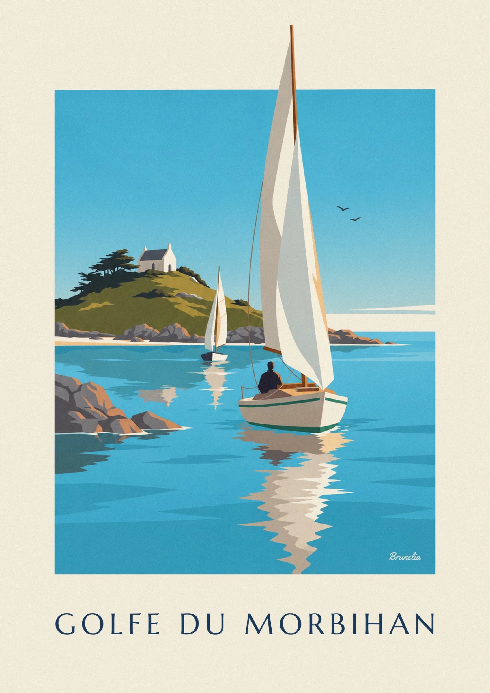 A sailing boat with a cream hull and green trim, its large sails and sailor