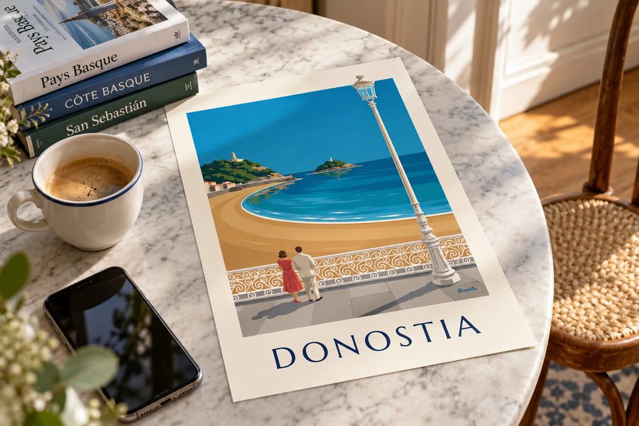 Affiche plage de la Concha à Saint-Sébastien : posée sur une table