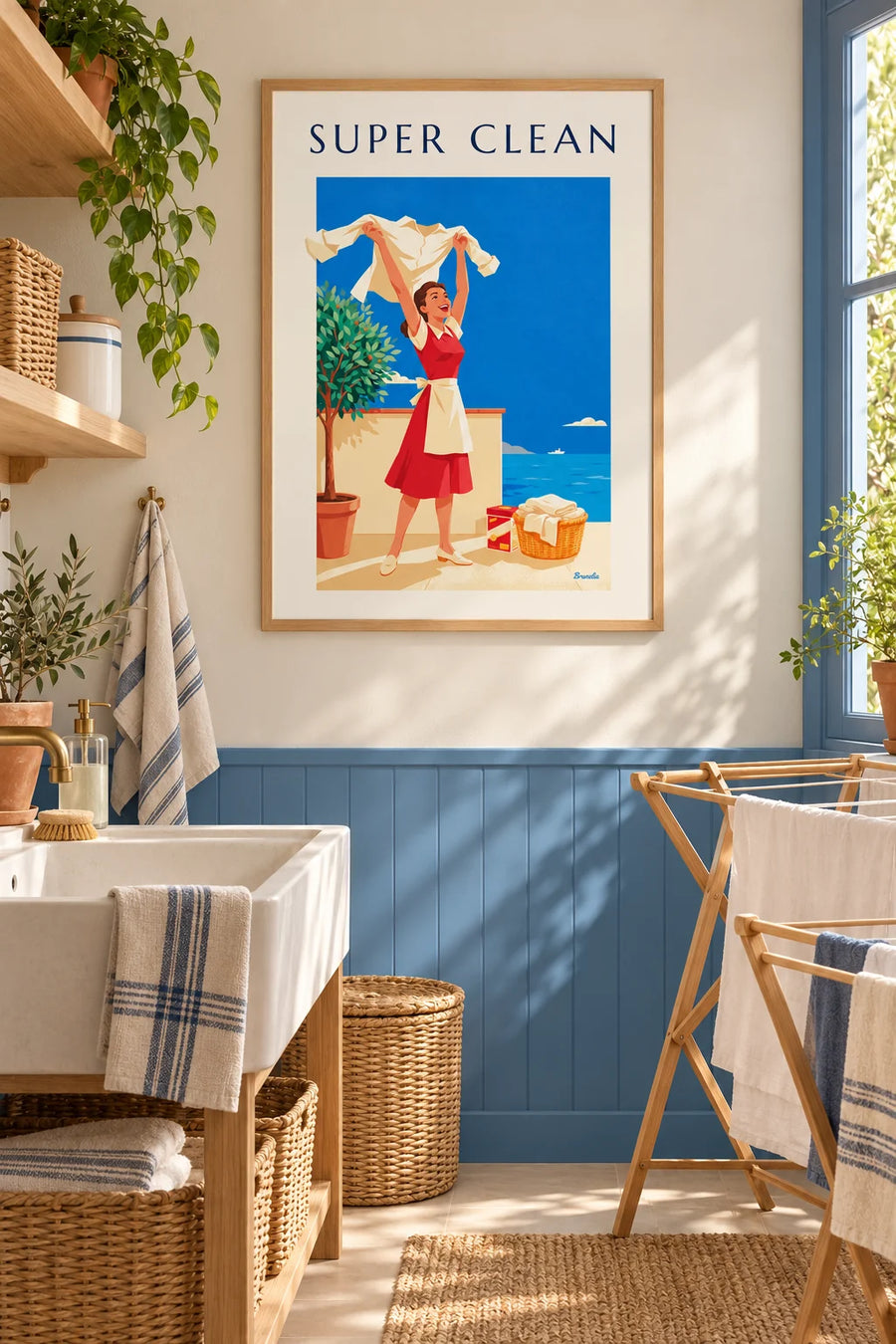 Plakat med kvinde og strålende hvid skjorte, vaskemidlet Super Clean: indrammet på væggen