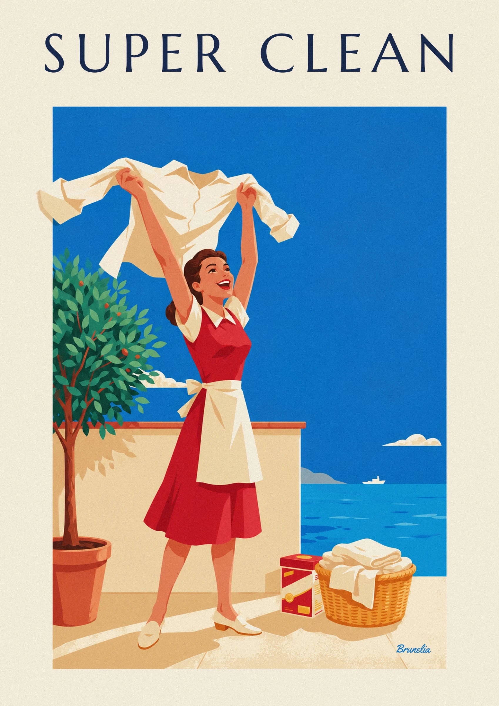La femme en robe rouge brandit sa chemise blanche, grand sourire sur fond bleu