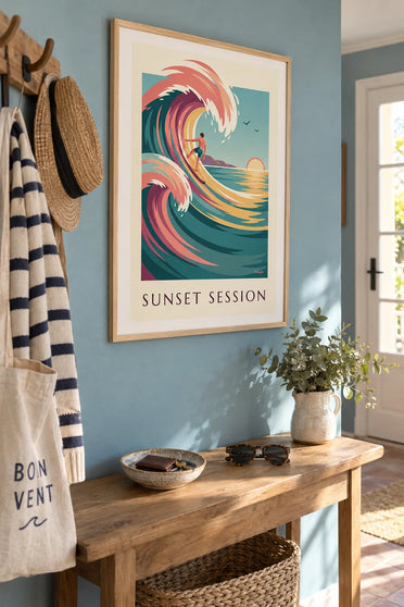 Poster of a surfer on a wave at sunset: framed on the wall