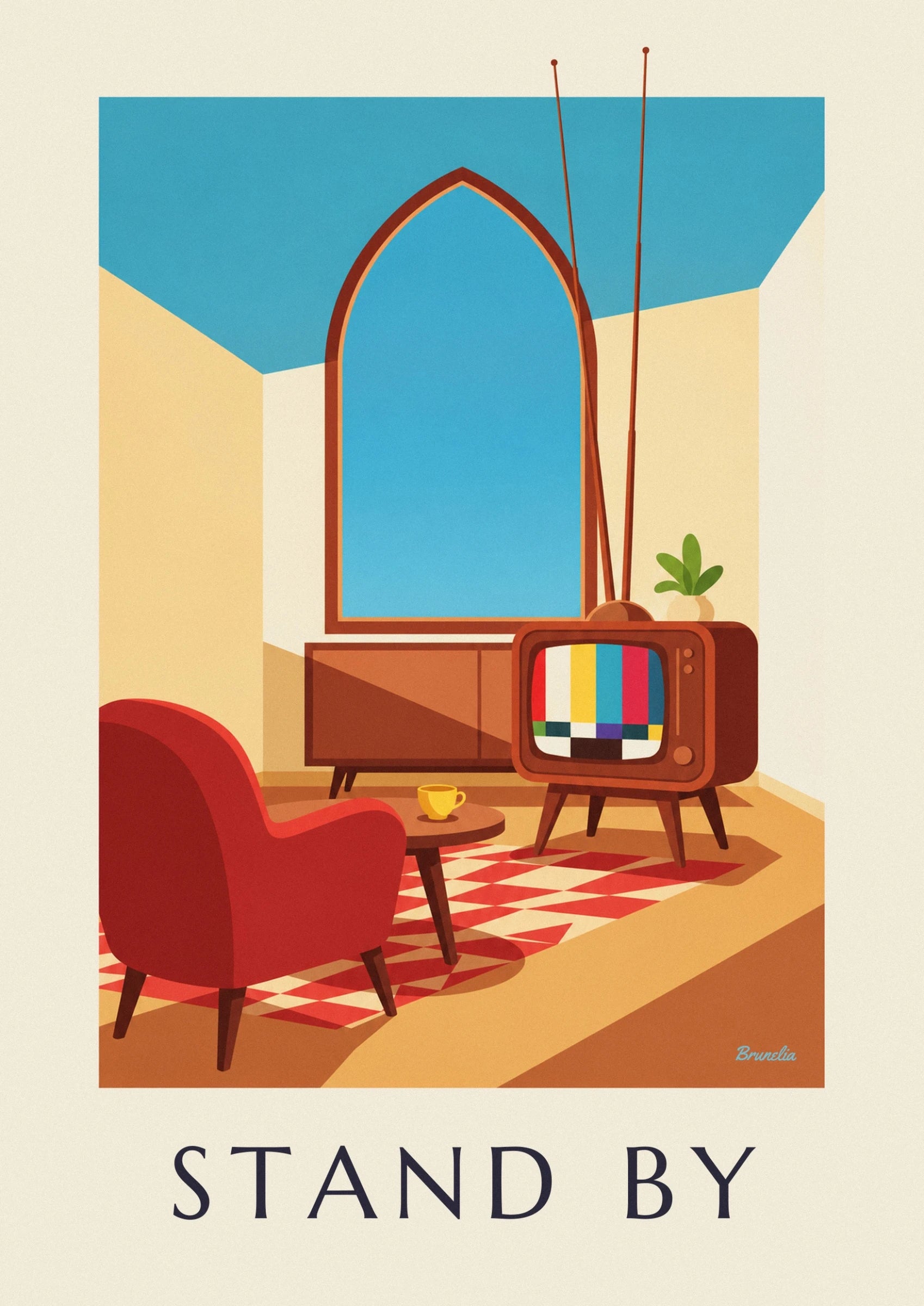 The brown television on splayed legs, with coloured bars on its test card