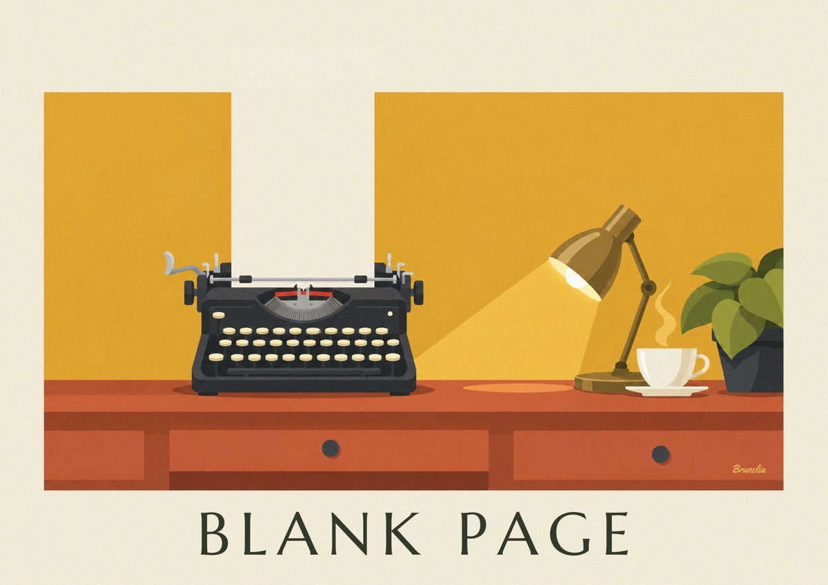 Typewriter and blank sheet on a desk poster