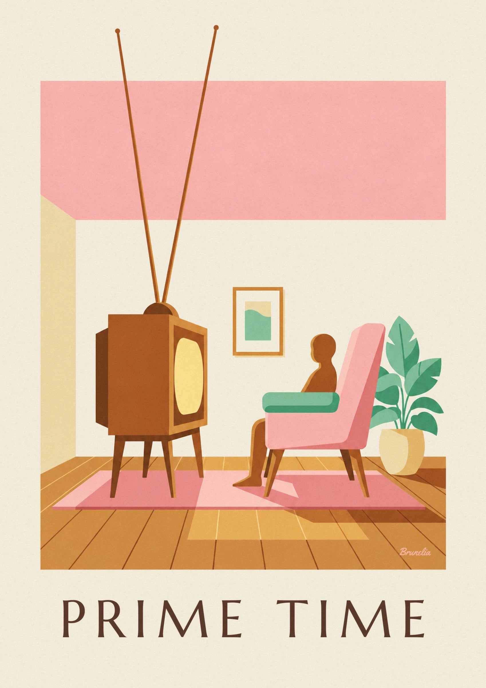 Wooden tube TV in a pastel living room poster: close-up detail