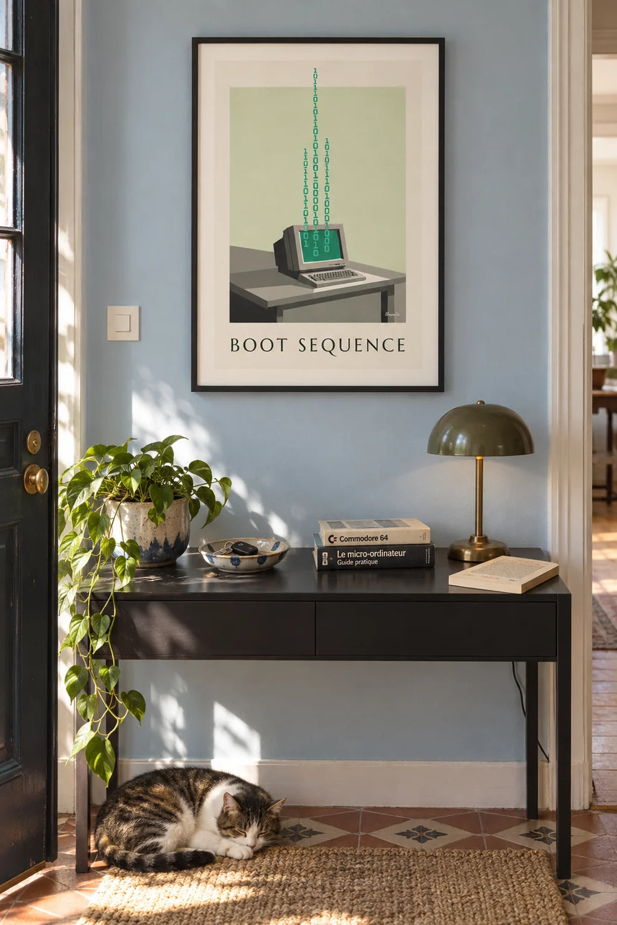 Poster of a monochrome-screen computer and binary code: framed on the wall