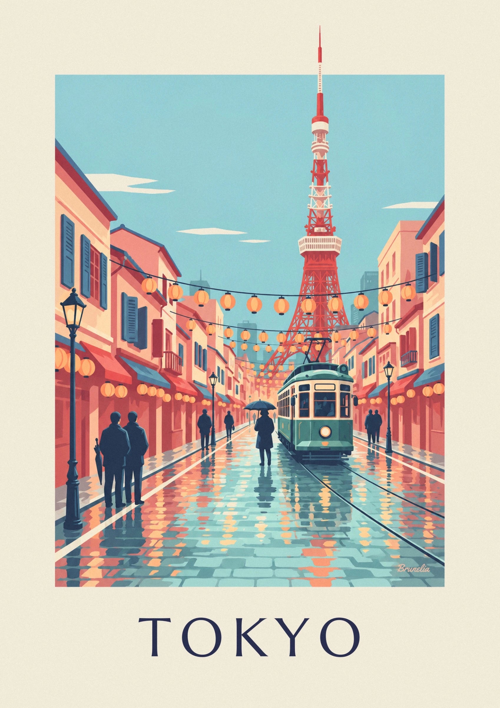 The green and cream tram on the wet tracks, between an umbrella and lanterns