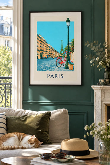 Poster of a bicycle with a flowered wicker basket on a Paris street: framed on the wall