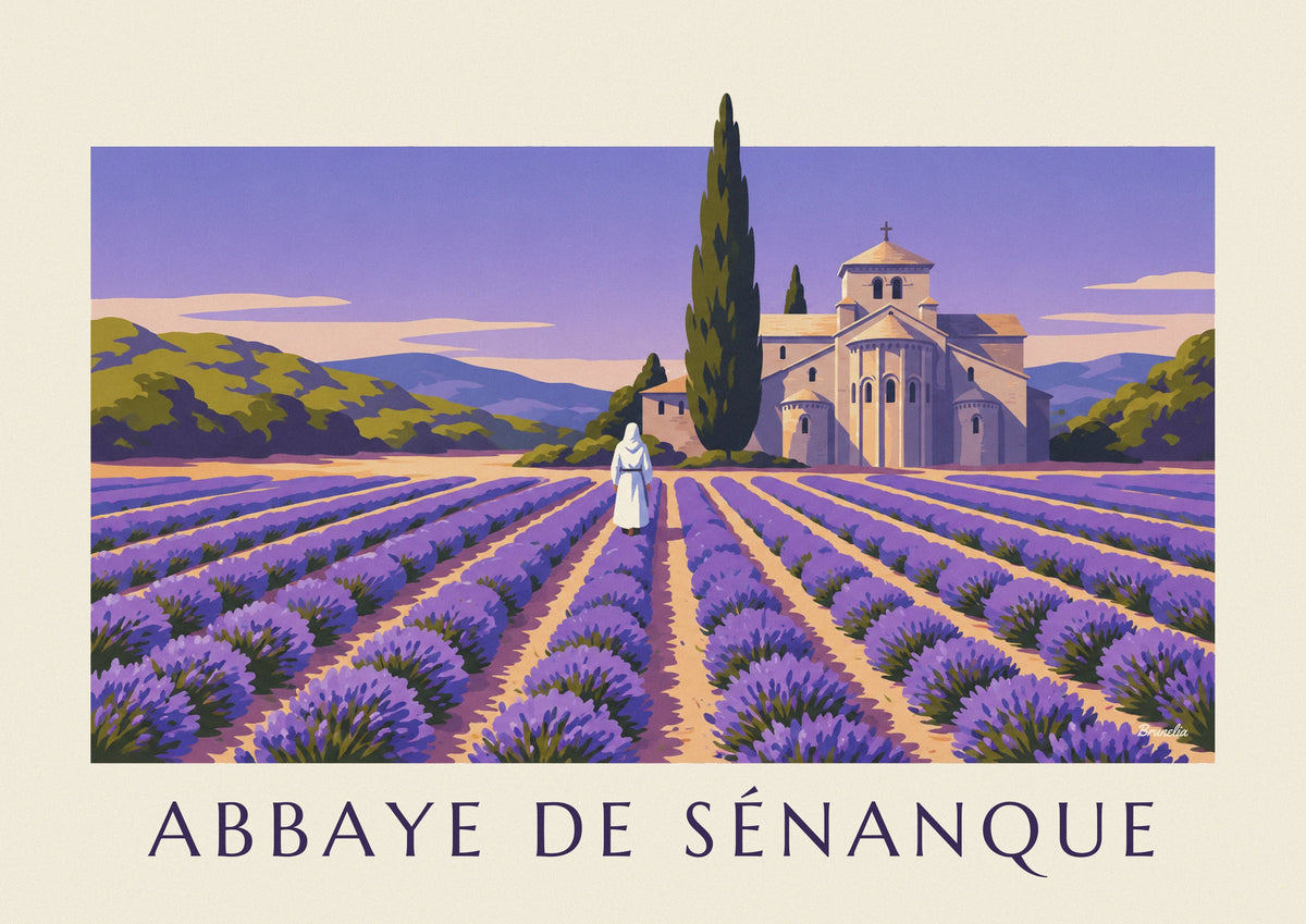 Monk walking through lavender at Sénanque Abbey poster