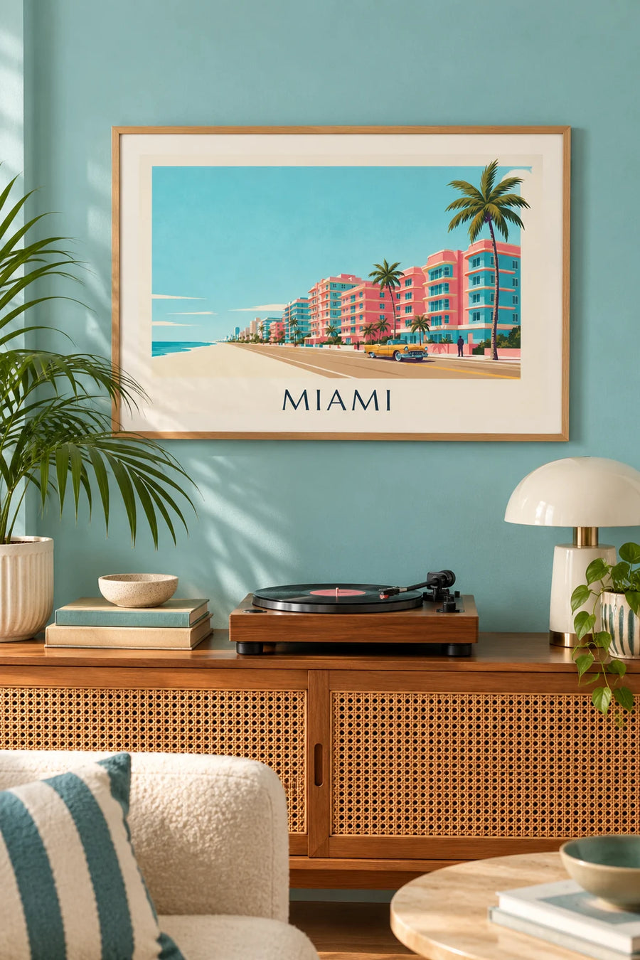 Plakat med gylden cabriolet på Ocean Drive i Miami: indrammet på væggen