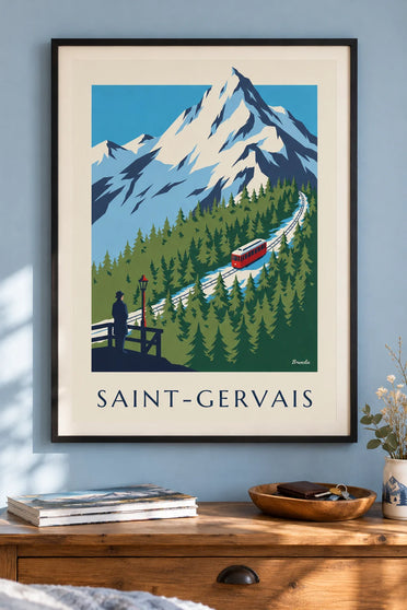 Affiche tramway du Mont-Blanc à Saint-Gervais : encadrée au mur