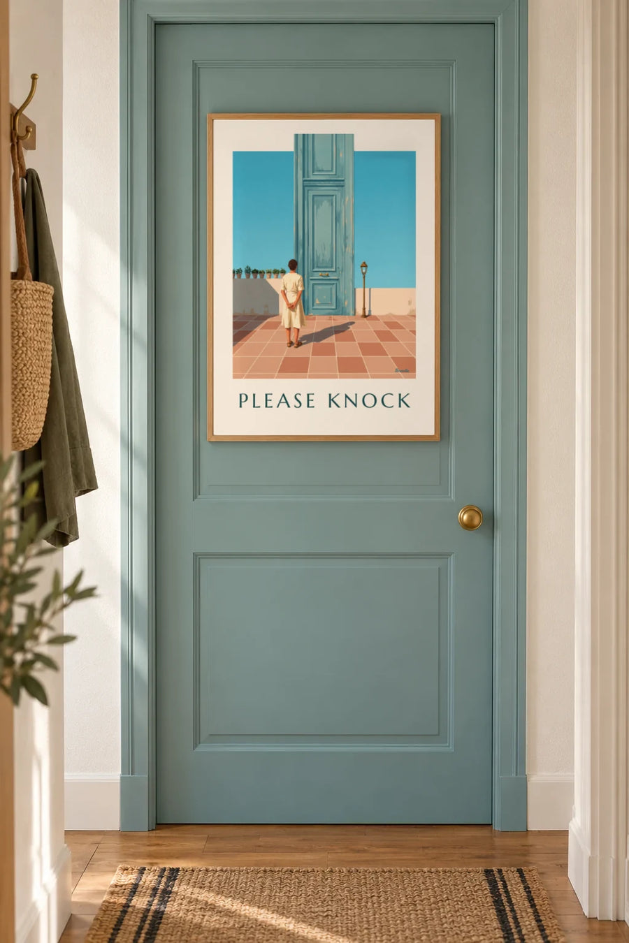 Affiche porte bleu-vert Please Knock pour les toilettes : encadrée au mur