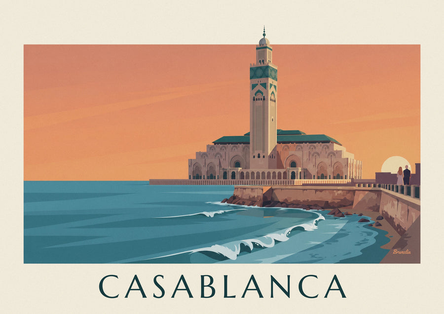Hassan II Mosque by the ocean at sunset poster