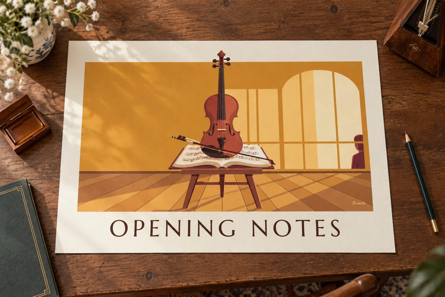 Plakat med violin og bue på et opslået nodeark: placeret på et bord