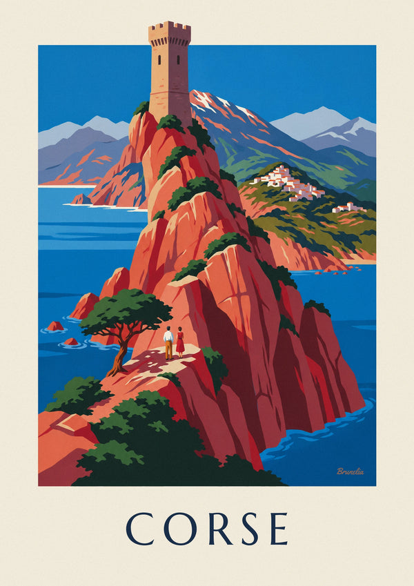 Wild Corsican coast with red cliffs and Monte Cinto poster